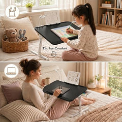 StarAndDaisy T9 Foldable Bed Table for Laptop & Study, 4-Level Adjustable Angled Tabletop, Large Desktop Surface with Anti-Slip Stopper, Tablet & Phone Slot, Storage Drawer, Stable Legs, PP & TPE