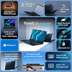 Acer TravelLite Thin Laptop AMD Ryzen 5 7430U (6-Core) |8GB RAM, 512GB SSD | 14" Full HD Anti-Glare Display |Privacy Shutter| Windows 11| MS Office | Metal Body | 1.34Kg | Black | 30 Months Warranty