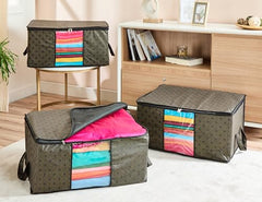 Amazon Brand - Solimo Underbed Storage Bag | Clothes Storage Organizer | Clear Window Blanket Cover | Cloth Organizer With Handle | Jute-Print Design | Large (Grey, Pack Of 3), 65 X 47 X 31 Cm