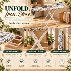 Smart Shelter Ironing Board with Adjustable Height, 111x30 CM | 16 mm Metal Bracket, Pure Cotton Cover, Foldable Design, Black and White Print, Home Use
