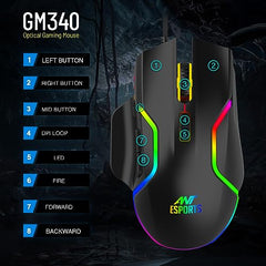 Ant Esports GM320 RGB Wired Gaming Mouse, 12800 DPI Optical Sensor, 8 Programmable Buttons with Rapid Fire, Ergonomic Design, RGB Lighting, Braided Cable, USB Gaming Mouse for PC, Laptop (Black)