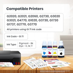 Splashjet GI71 Compatible Ink for CN Pixma G2020, G2021, G2060, G2730, G3020, G3021, G4770, G1020, G1730, G3730, G1730, G1737, G2770, G3770 Printers - (PGBK x 135gm) (C/M/Y x 70gm) Bottle Set - 502368