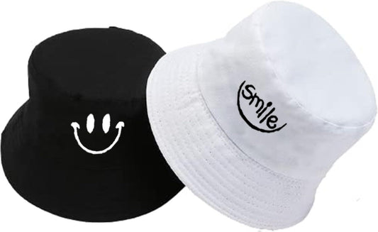 SYGA 1 Piece Reversible Double Sided Bucket Hat Sun Beach Cap Daisy Fishermans Hat for Adults, Men and Women Both for Above 15 Year - Smily Black & White