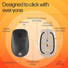 HP 240 Bluetooth Wireless Mouse with 3 Buttons/1600 DPI Red Optical Tracking/Sleek and Ambidextrous/Compatible to Windows 10, macOS, Chrome OS, 3 Years Warranty (Black)