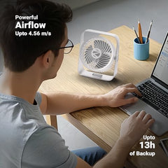 Zebronics Heat Buster 300, Portable Desk Fan, Upto 13h Backup, 3600mAh Rechargeable Battery, 360° Rotatable fan, 4 Speed + 1 Breeze Mode, Wall-Mountable, for Travel, Office, Home (Black)