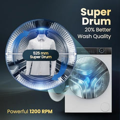 Haier 8 kg 5 Star Powered by AI-DBT with PuriSteam, 525mm Super Drum Fully Automatic Front Load Washing Machine (HW80-IM12929C, Inverter Motor with In-Built Heater, White)