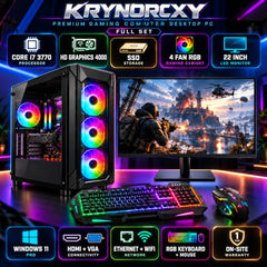 Premium Gaming Computer Desktop PC Full Set with Core i7 3770, HD Graphics 4000, 16GB RAM, 256GB SSD+1TB HDD, 4 Fan RGB Black Cabinet, 22 Inch LED Monitor, RGB Keyboard & Mouse, Windows 11 Pro, WiFi