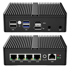 SKULLSAINTS Onyx: J6412 Fanless Mini Industrial PC with 4X 2.5G i226 LAN, WiFi 6, Soft Router Firewall, HDMI2.0, and 13 Ports