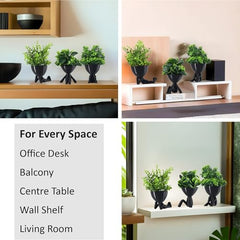 Kuber Industries 3 Pcs Set Plastic Mini Artificial Plants with Pot | Table Top & TV Unit Decorative Items for Living Room | Faux Plants for Home Decor & Office Desk | Man Shape - Black