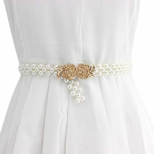 SYGA Pearl Adjustable Waist Belt with Hollowed Tassel Detail, Suitable Size for Waist 24-34 INCH