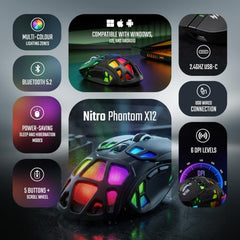 Acer Nitro Phantom X12 Tri-Mode Gaming Mouse | 2.4GHz Wireless | Bluetooth | Wired Mode | 12000 DPI Precision Sensor | RGB Lighting | 1000Hz Polling Rate | Programmable Buttons | Rechargeable | RGB