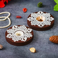 eCraftIndia Wooden Floral Printing Block Decorative Tea Light Candle Holders (Set of 12, Green White) Diwali Christmas Decorations Items for Home Office Christmas Gifts for Women Men Family Friend