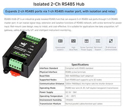 Industrial-Grade Isolated 2-Ch RS485 Hub, Expands 2-CH RS485 Sub Ports Via 1-CH RS485 Master Port, Supports RS485 Network Relay/Extension/Isolation Functions, Wide Baud Rate Range