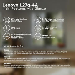 Lenovo L-Series 27 inch (68.5cm) QHD IPS Monitor| 100Hz, 1ms, FreeSync, 99% sRGB, 90% DCI-P3, 3Wx2 Speakers, 2X HDMI 2.1, 1x DP 1.4, Tilt, Swivel, Pivot Height Adjust Stand, Grey, L27q-4A