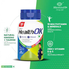 Mankind's Health OK Multivitamin With Natural Ginseng,Taurine Power,Daily Energy,Alertness,Vitamin D,C & Other 18 Multivitamins Minerals,For Overall Health,30 Tablets (Veg) X Pack Of 1, 250 grams