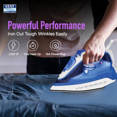 KENT Steam Iron|Luxe 2200 Watts|Powerful Steam Output Upto 25 G/Min|Steam Burst|Ceramic-Coated Non-Stick Sole Plate|Vertical And Horizontal Steaming|Anti Drip|Self Cleaning|Blue
