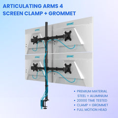 UNIQ Mounts™ 4 Screen Monitor Mount for 13''-27'' Screens, Heavy Duty with 180° Swivel, 360° Rotation, +90°-85° Tilt, VESA 75x75/100x100, 8kg Weight Capacity per Arm,Clamp + Grommet