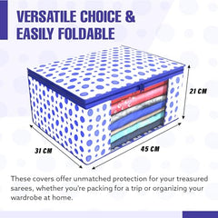 Kuber Industries Non-Woven Foldable Saree Covers With Zip|Polka Dots Wardrobe Organizer For Clothes|Transparent Window Keep 8 To 10 Saree|Suitable For Lehenga, Suit, Dress|Pack Of 9 (Blue & White)