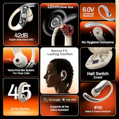 ACwO DwOTS Sense Pro True Wireless Earbuds, 42dB ANC, Voice-First Mic System for Clear Calls, Skin-Friendly Ear Hooks, 12mm Drivers, Dual Pairing, Sweat Resistant, Advanced Bluetooth Ear Buds (Orange)
