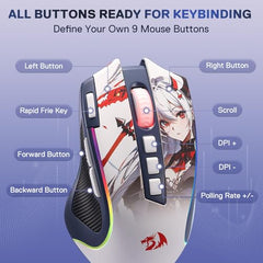 Redragon M612AK PRO RGB Gaming Mouse, 8000 DPI Wired/Wireless Optical Mouse with 9 Programmable Buttons & 7 Backlit Modes, BT & 2.4G Wireless, Software Supports DIY Keybinds Rapid Fire Button