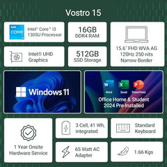 Dell 15 (Previously Inspiron) Laptop, 14th Gen Intel Core i3/Core 3 100U Processor, 8GB DDR4, 512 SSD, 15.6" FHD 120Hz IPS AG 250 nit Display, Win 11 + Office H&S 2024, Carbon Black, 1.63Kg