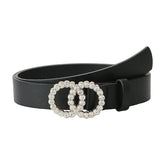 SYGA PU Leather Belt Rhinestone Waist Round Buckle Belt - Black