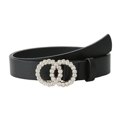 SYGA PU Leather Belt Rhinestone Waist Round Buckle Belt - Black