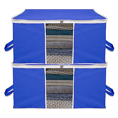 Kuber Industries Non-Woven Underbed Storage Bag|Clothes Storage Organizer|Blanket Cover With Clear Window|Zipper Closure&Handle Cloth Organizer|Plain White Border|Large|Pack Of 6|Royal Blue,32Cm,48Cm