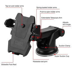 MOMISY Car Mount Adjustable Car Mobile Phone Holder Stand Universal Long Arm, for Dashboard & Windshield, 360° Rotational, Strong Suction Cup for Smartphones (Black)