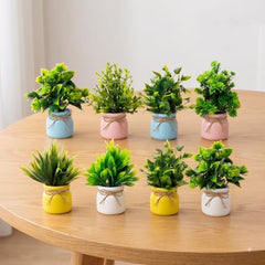 amazon basics Artificial Potted Plants, Artificial Plastic Eucalyptus Plants Small Indoor Potted Houseplants, Small Faux Plants for Home Decor Bathroom Office Farmhouse (Set of 8)