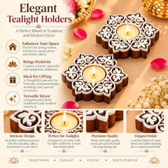 eCraftIndia Wooden Floral Printing Block Decorative Tea Light Candle Holders (Set of 12, Green White) Diwali Christmas Decorations Items for Home Office Christmas Gifts for Women Men Family Friend