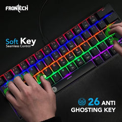 FRONTECH 63-Key Mechanical Gaming Wired Keyboard, Rainbow Backlit, 26 Anti-Ghosting Keys, Detachable Type-C Cable, Compatible with Windows/Mac/iOS/Android (KB-0010P)