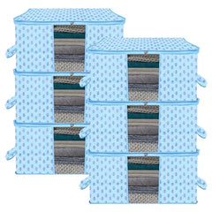 Kuber Industries Non-Woven Underbed Storage Bag|Clothes Storage Organizer|Blanket Cover With Clear Window|Zipper Closure&Handle Cloth Organizer|Plain White Border|Large|Pack Of 6|Royal Blue,32Cm,48Cm