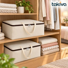 TAKIVA Cotton Canvas Storage Bags for Clothes Large (Pack of 2) | Blanket Storage Box | Canvas Blanket Storage Bags | Cloth Storages Bags for Clothes & Quilts | Foldable Under Bed Storage Organizer