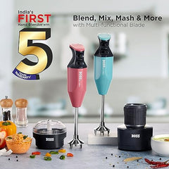BOSS Genius Portable Hand Blender | 5 Years Warranty* | Powerful 275 Watts Motor | Chopper & Chutney Attachments | Variable Speed Control | Isi-Marked, Grey