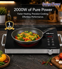 Surya Flame 2000 Watts Infrared Cooktop | Preset Indian Menu Options & Timer | Compatible With Any Metal Cookware with Flat Bottom | Easy to clean | Portable | Black | 1Y Warranty