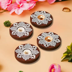 eCraftIndia Wooden Floral Printing Block Decorative Tea Light Candle Holders (Set of 12, Green White) Diwali Christmas Decorations Items for Home Office Christmas Gifts for Women Men Family Friend