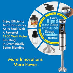 BOSS Stellar Hand Blender 1200 Watts with Chopper, Blender Jar, On to go Bottle Cap| Variable Speed & Turbo Speed Function| Anti-Splash Technology| 2 Year Warranty| Grey