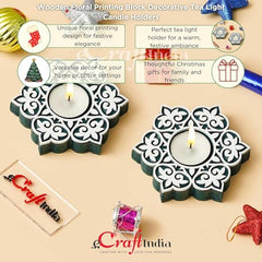 eCraftIndia Wooden Floral Printing Block Decorative Tea Light Candle Holders (Set of 12, Green White) Diwali Christmas Decorations Items for Home Office Christmas Gifts for Women Men Family Friend