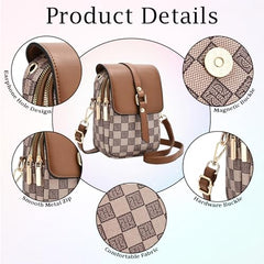 MOMISY Women PVC Crossbody Sling Bag | Checkered Pattern Mini Shoulder Purse with Adjustable Strap (Brown)