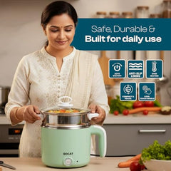 DOCAT Multipurpose Cook Kettle with Steamer, 1.2L Steel Pot (650W) | Stainless Steel Inner Pot, Adjustable Power Electric Cooker for Cooking, Boiling, Tea, Coffee, Noodles & Eggs