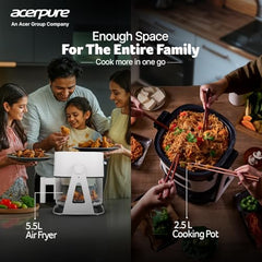 Acerpure Air Fryer | 100% Glass Bowl | 90% Less Oil | 5.5L Air Fryer + 2.5L Cooking Pot | Air Fry, Toast, Reheat, Grill, Cook | 360° TurboHeat Technology | Preset Modes | 1500 Watts | Black