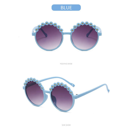 SYGA Children's Cute Flower Mirror Retro Round Fashionable UV - Protection Sunglasses 4 to15 years old Kids (Blue)