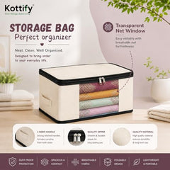 Kottify Cotton Canvas Clothes Storage Bags Pack of 3 | Saree Covers with Zip | Wardrobe Organizer for Women’s Dresses, Sarees & Lehengas | Breathable Fabric Storage Bag with Window (17 x 14 x 7 Inch)