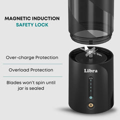 Libra Portable Blender for Smoothies & Juices – USB Rechargeable Blender Juicer with 6 Blades, 450ml Capacity, 4000mAh Battery, 200W Motor, Waterproof Portable Juicer for Travel, Gym & Office (Black)