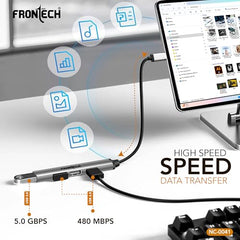 Frontech 8-in-1 Multi-Port Expansion Hub, Dual Input (USB-C & USB), High-Speed Data Transfer, Metal Matt Finish, Backed with 1 Year Warranty (NC-0058)