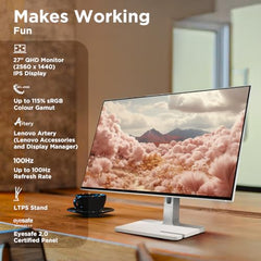 Lenovo L-Series 27 inch (68.5cm) QHD IPS Monitor| 100Hz, 1ms, FreeSync, 99% sRGB, 90% DCI-P3, 3Wx2 Speakers, 2X HDMI 2.1, 1x DP 1.4, Tilt, Swivel, Pivot Height Adjust Stand, Grey, L27q-4A