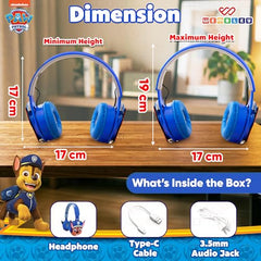 Wembley Paw Patrol Kids Wireless Bluetooth Headphones with Mic | Foldable Over Ear Headphones for Boys & Girls 3-8 Years | 90dB Safe Volume, AUX & USB Charging | Travel, Study & Music