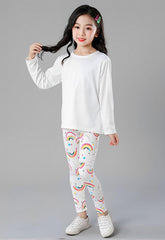 SYGA Children's Leggings Star Rainbow Print Girls Leggings Thin Outer Wear Girls Pants Suitable Age for 9-11 Years Old(White)