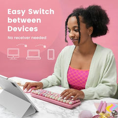 Perixx PERIDUO-802PK Bluetooth Mini Keyboard and Mouse Combo - Retro Round Key Caps - Pastel Pink - US English